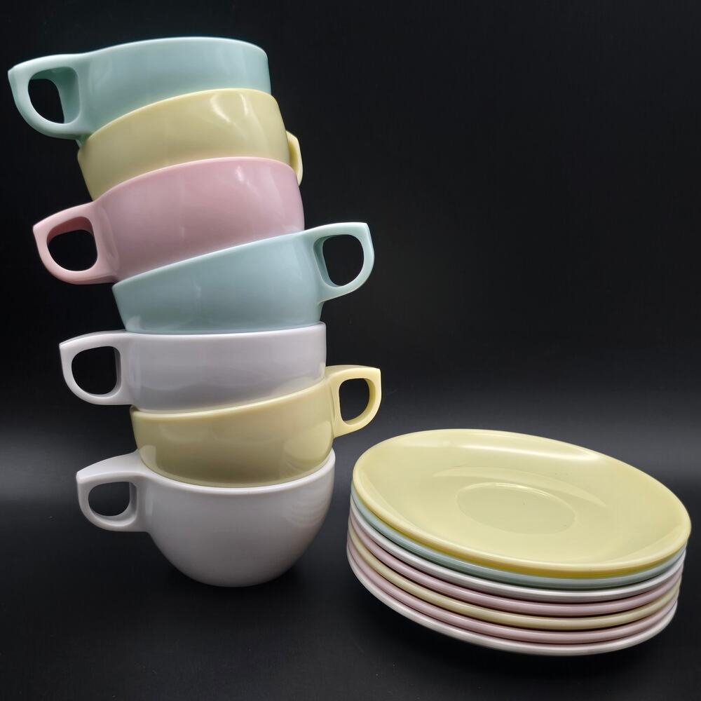 Watertown Melmac Multicolor Cup Saucers Pastel Vintage Plastic Melamine